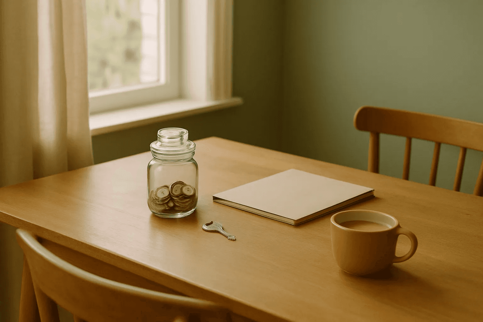 A kitchen table with a savings jar, a house key and a folder of paperwork beside a sunny window