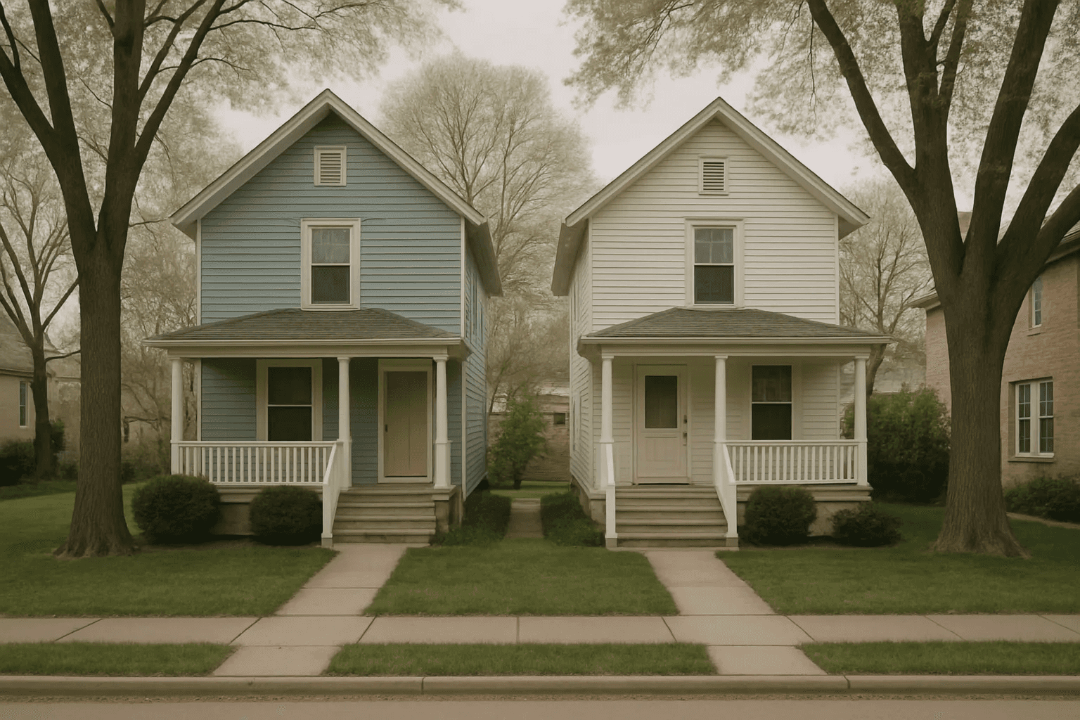 Two neighboring houses of similar size on a quiet street, one painted blue and one painted white