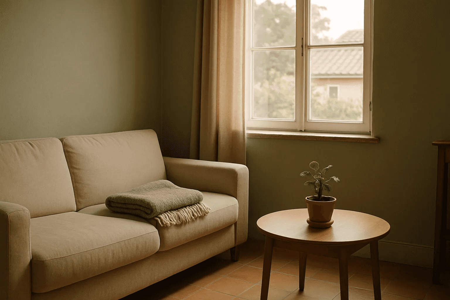 A cozy living room with a folded blanket on a sofa and soft daylight through a large window