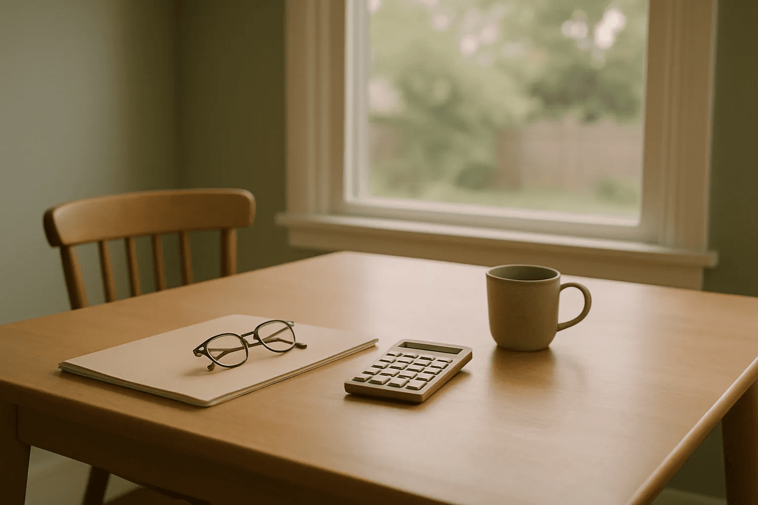 A tidy kitchen table with a closed folder, a pair of reading glasses, a calculator and a cup of coffee by a sunny window