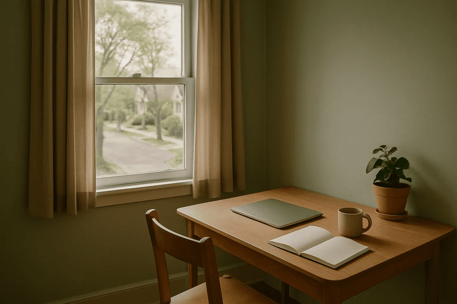 A tidy home office desk with a laptop, a notebook and a coffee mug beside a window overlooking a residential street
